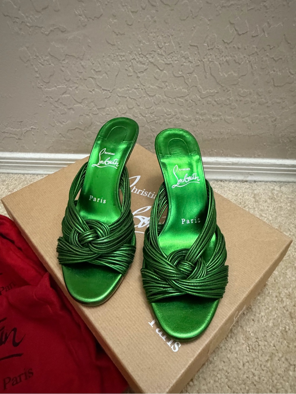 Christian Louboutin Metallic Green Knotted Satin Mules